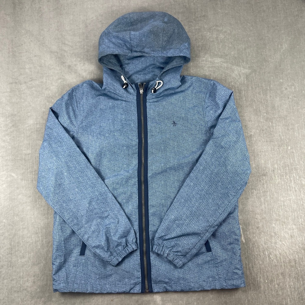Original Penguin Mens XL Blue Windbreaker Jacket Hooded Full Zip Textured 6193